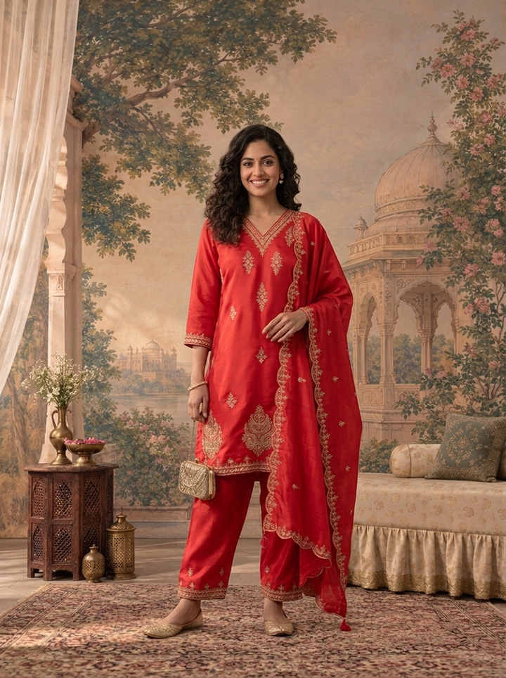 Red Satin Zari And Sequins Embroidered Three Piece Set
