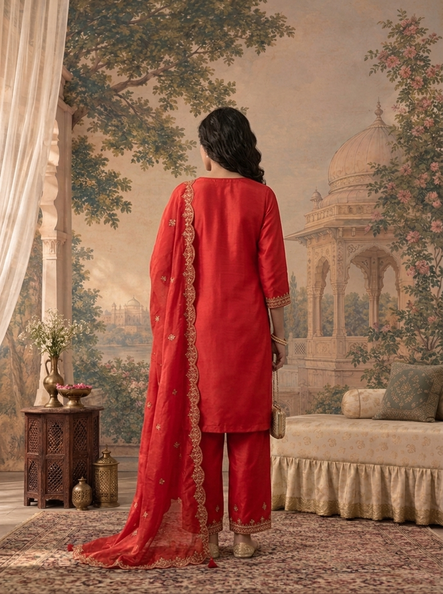 Red Satin Zari And Sequins Embroidered Three Piece Set