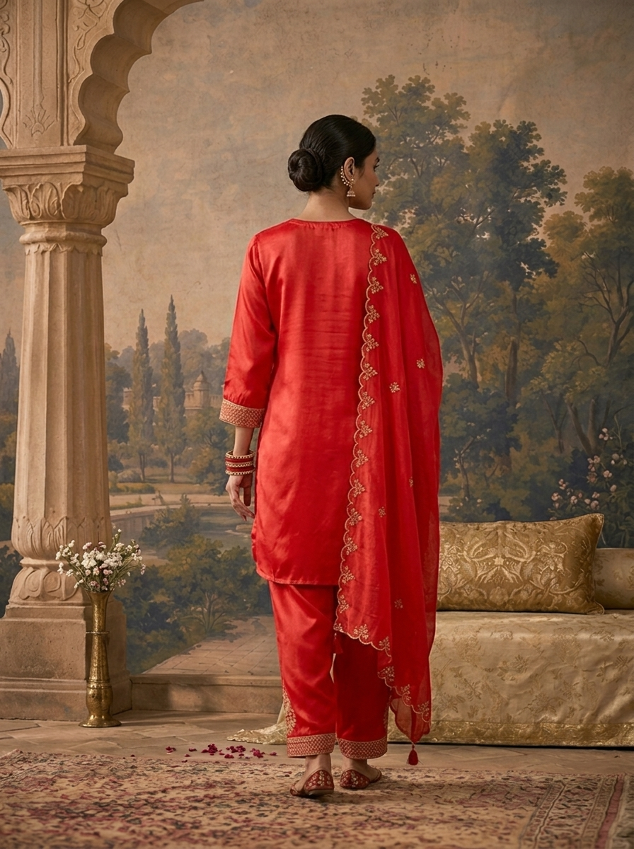 Red Satin Zari Bird Embroidered Three Piece Set