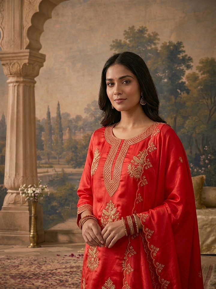 Red Satin Zari Bird Embroidered Three Piece Set