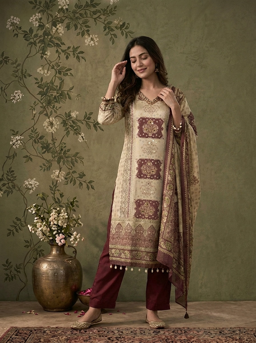 Wine Tissue Vintage Mughal Digital Printed Three Piece Set