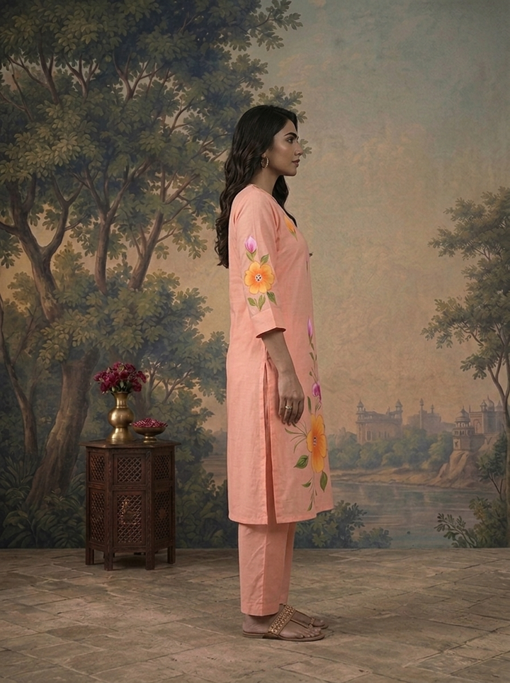Peach Muslin Floral Hand-Painted Printed Three Piece Set
