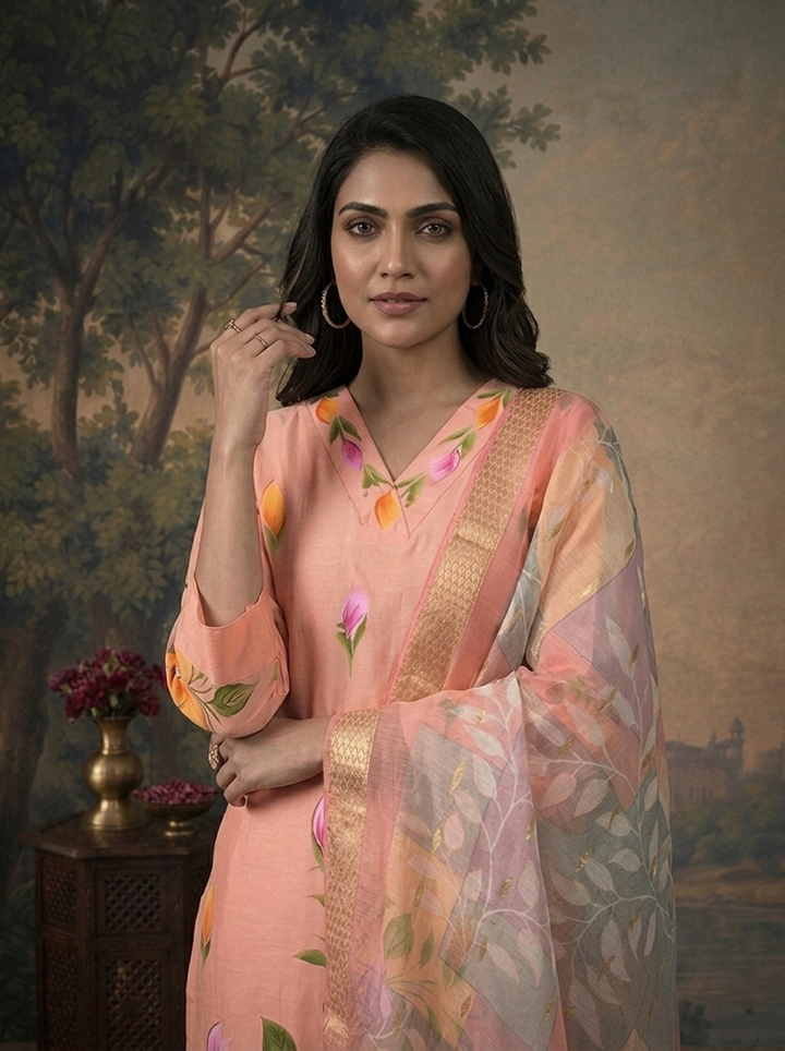 Peach Muslin Floral Hand-Painted Printed Three Piece Set