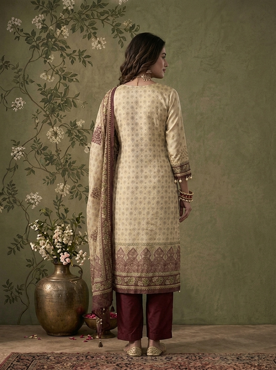 Wine Tissue Vintage Mughal Digital Printed Three Piece Set