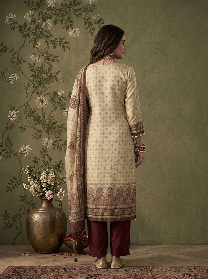 Wine Tissue Vintage Mughal Digital Printed Three Piece Set