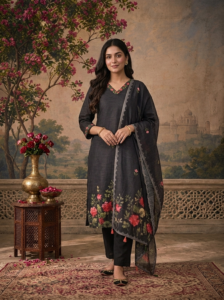 Black Chanderi Solid With Floral Hand Paint Printed Three Piece Set