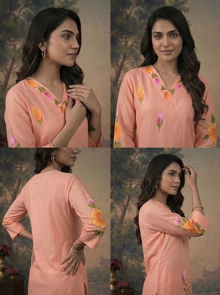 Peach Muslin Floral Hand-Painted Printed Three Piece Set