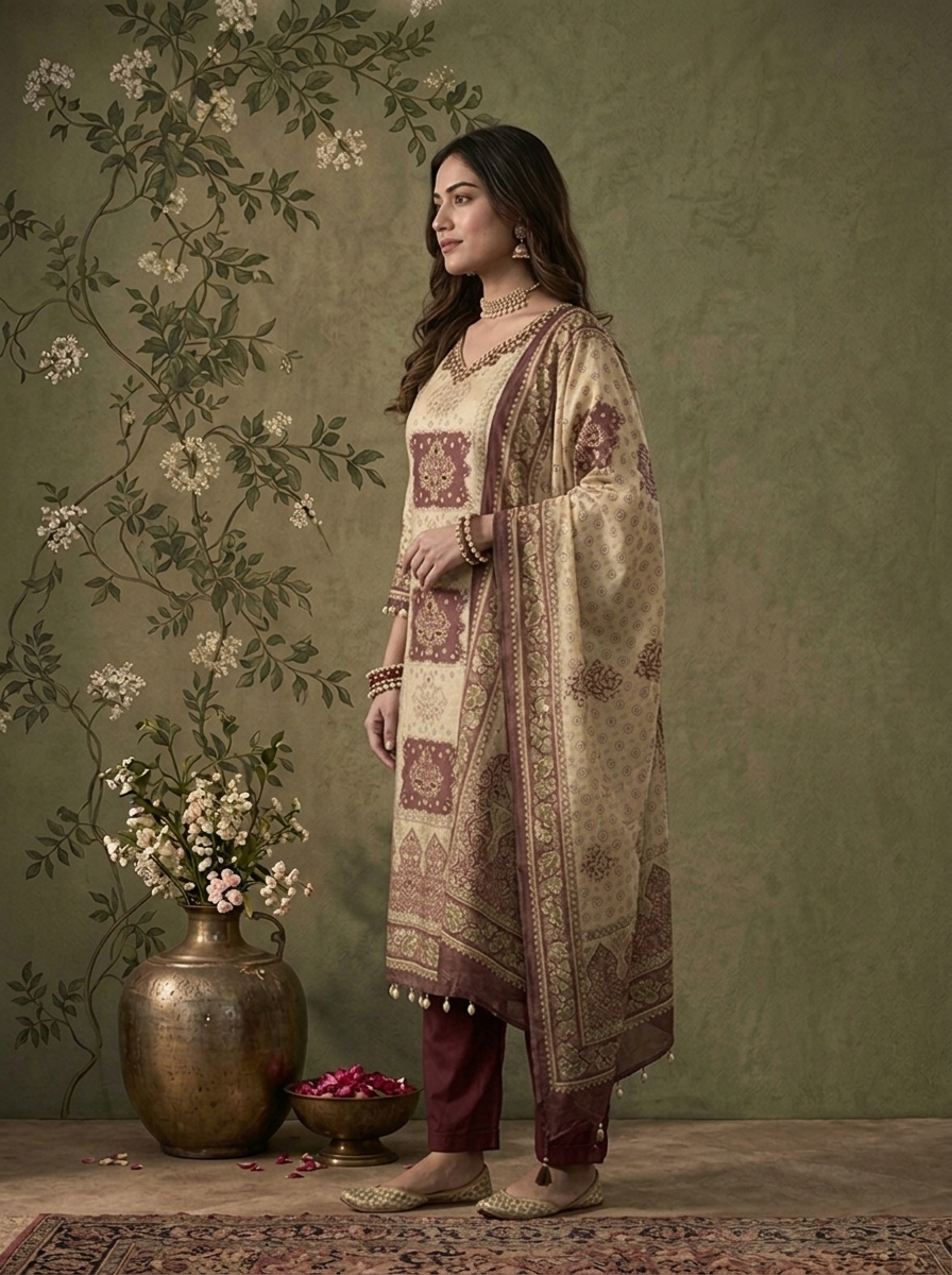 Wine Tissue Vintage Mughal Digital Printed Three Piece Set
