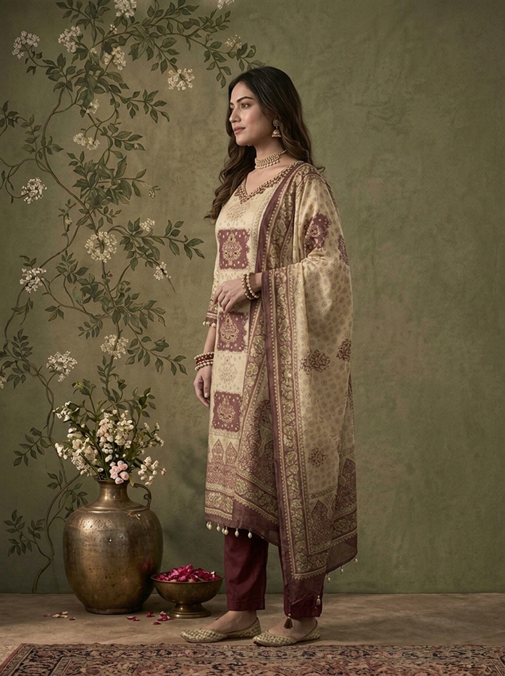 Wine Tissue Vintage Mughal Digital Printed Three Piece Set