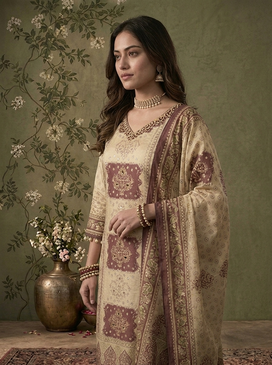 Wine Tissue Vintage Mughal Digital Printed Three Piece Set