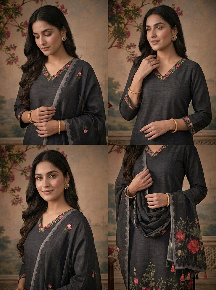 Black Chanderi Solid With Floral Hand Paint Printed Three Piece Set