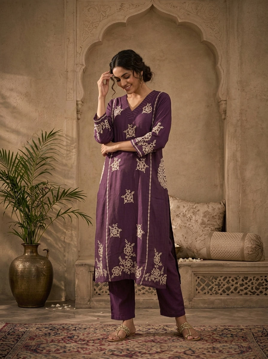 Purple Rayon Floral Thread Embroidered Two Piece Set