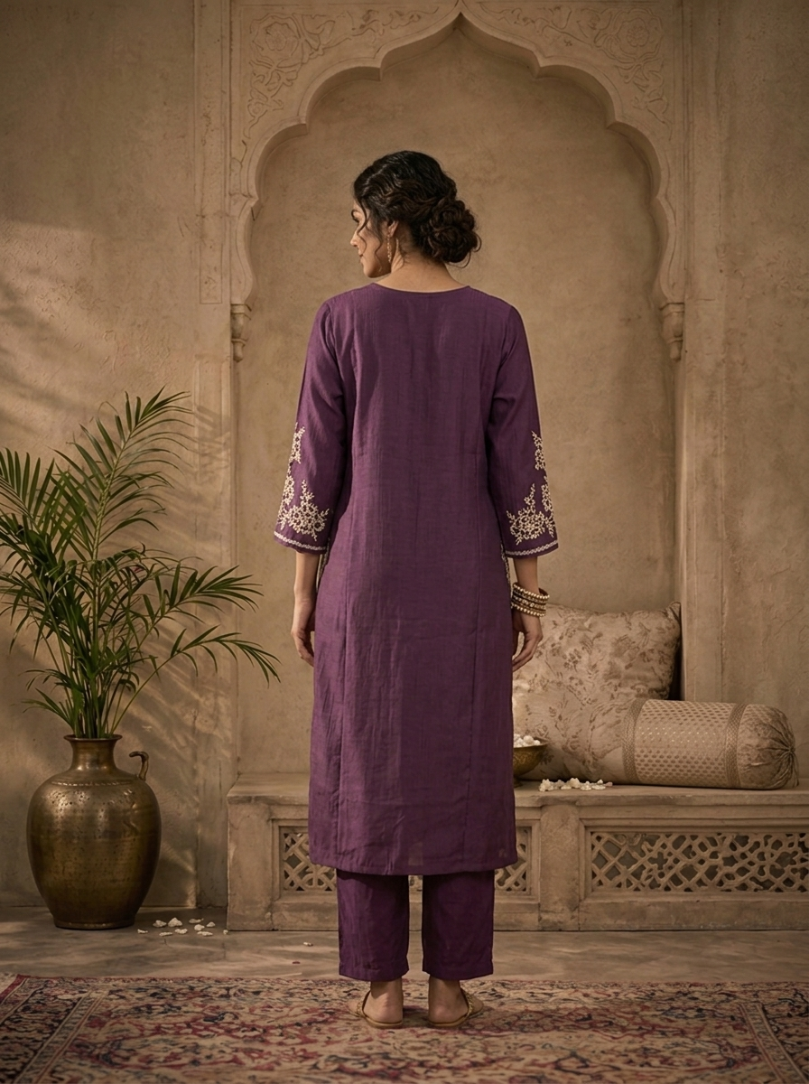 Purple Rayon Floral Thread Embroidered Two Piece Set