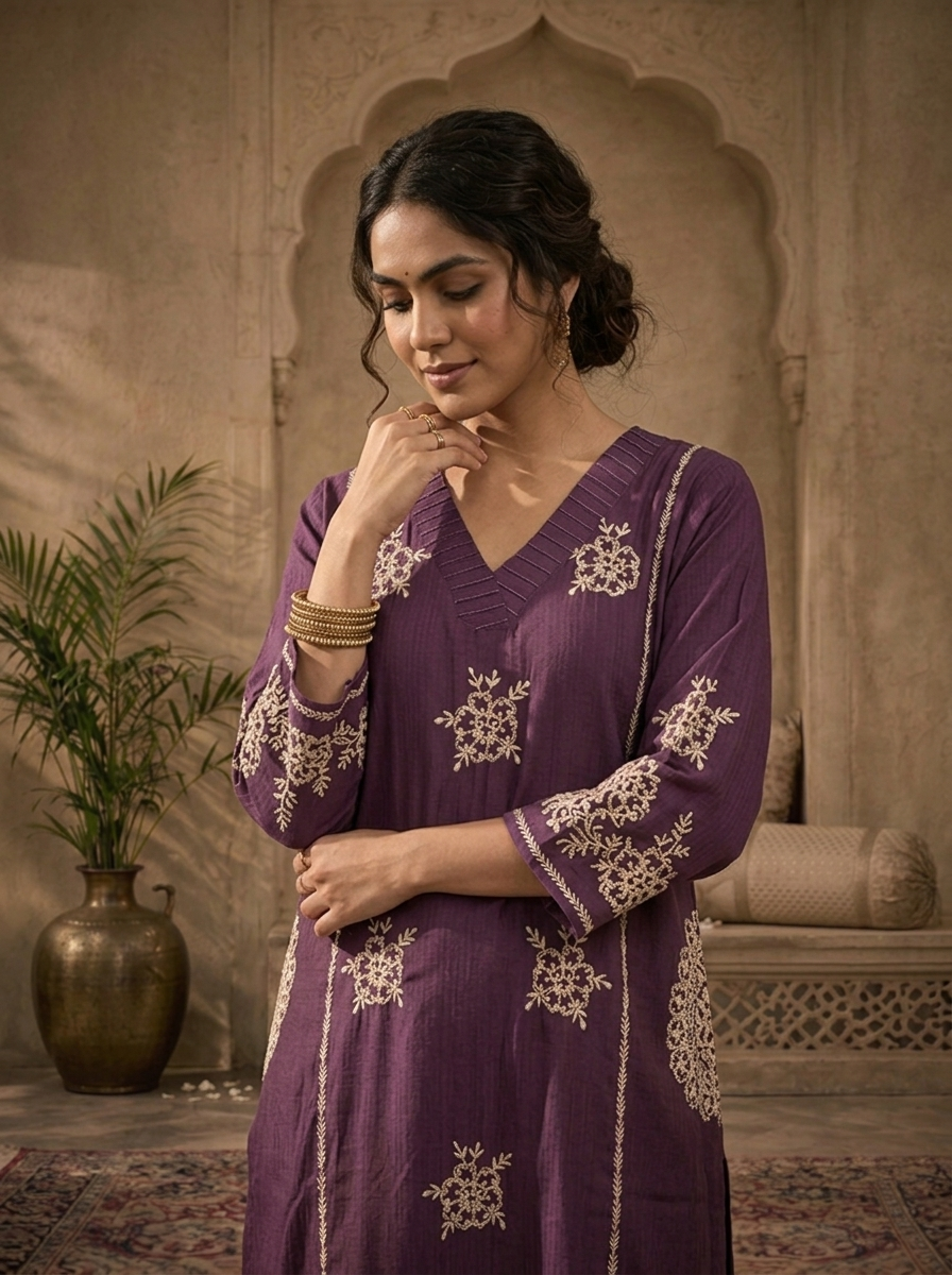Purple Rayon Floral Thread Embroidered Two Piece Set
