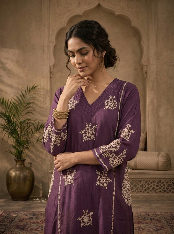 Purple Rayon Floral Thread Embroidered Two Piece Set