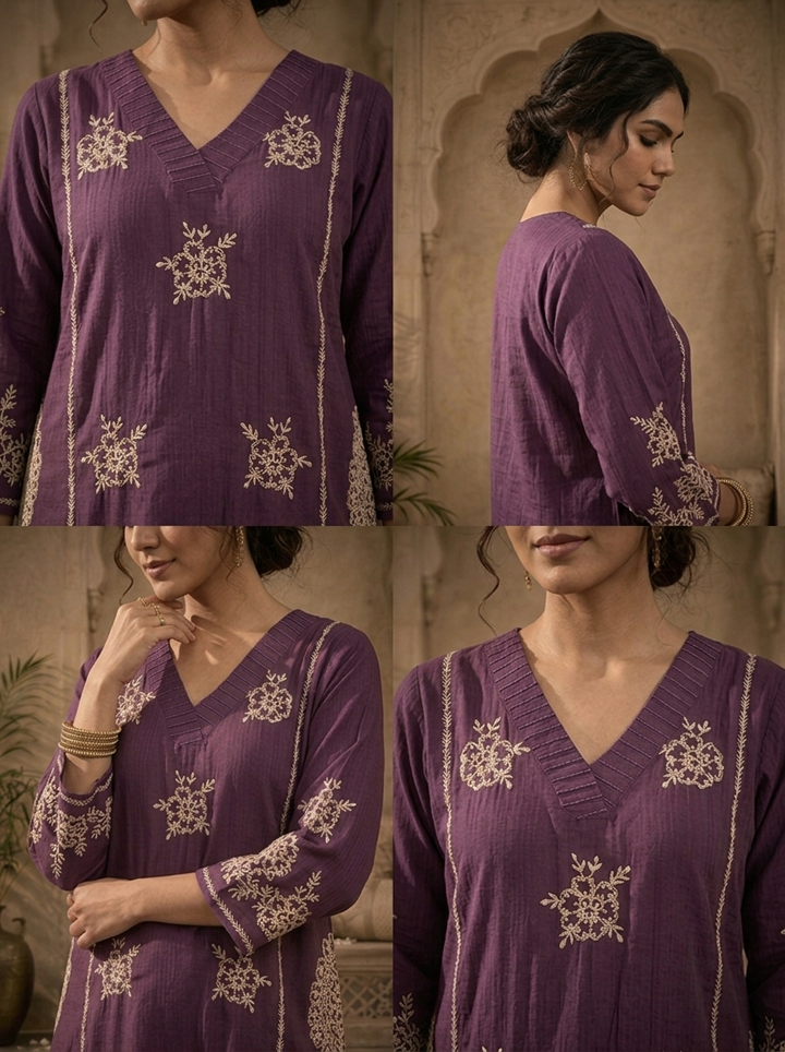 Purple Rayon Floral Thread Embroidered Two Piece Set