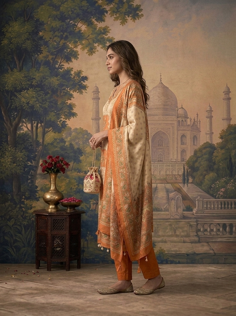 Orange Tissue Vintage Mughal Digital Printed Three Piece Set