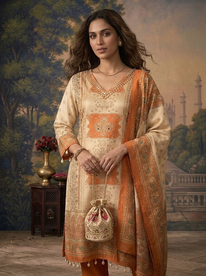 Orange Tissue Vintage Mughal Digital Printed Three Piece Set