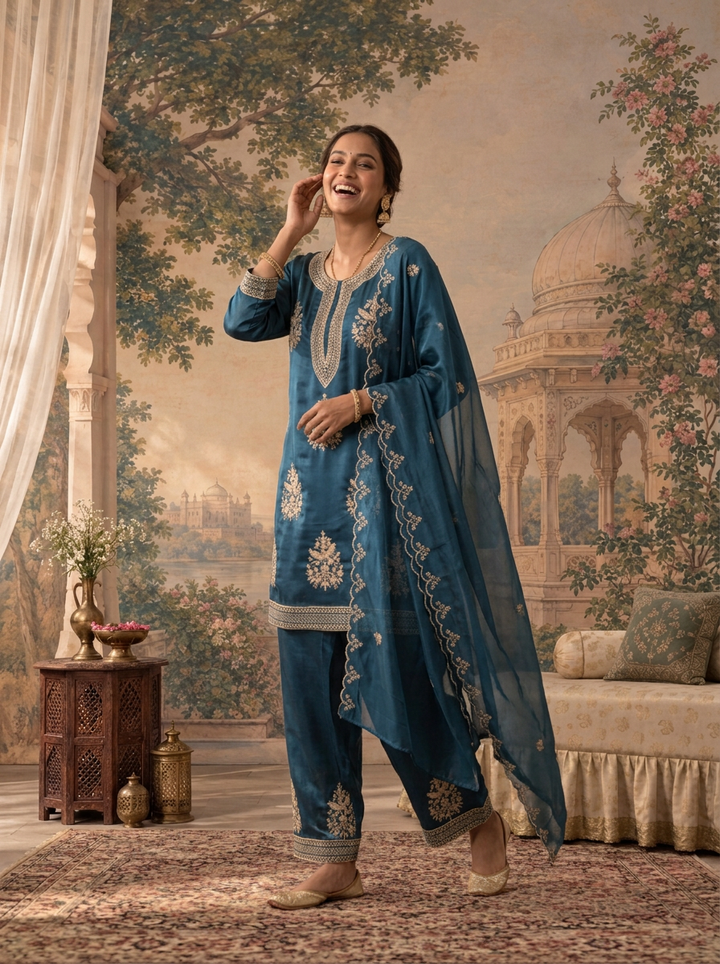 Teal Blue Satin Zari Bird Embroidered Three Piece Set