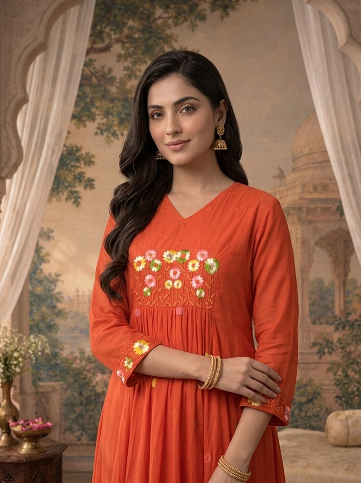 Burnt Orange Muslin Polka Dot With Floral Thread Embroidered Three Piece Set