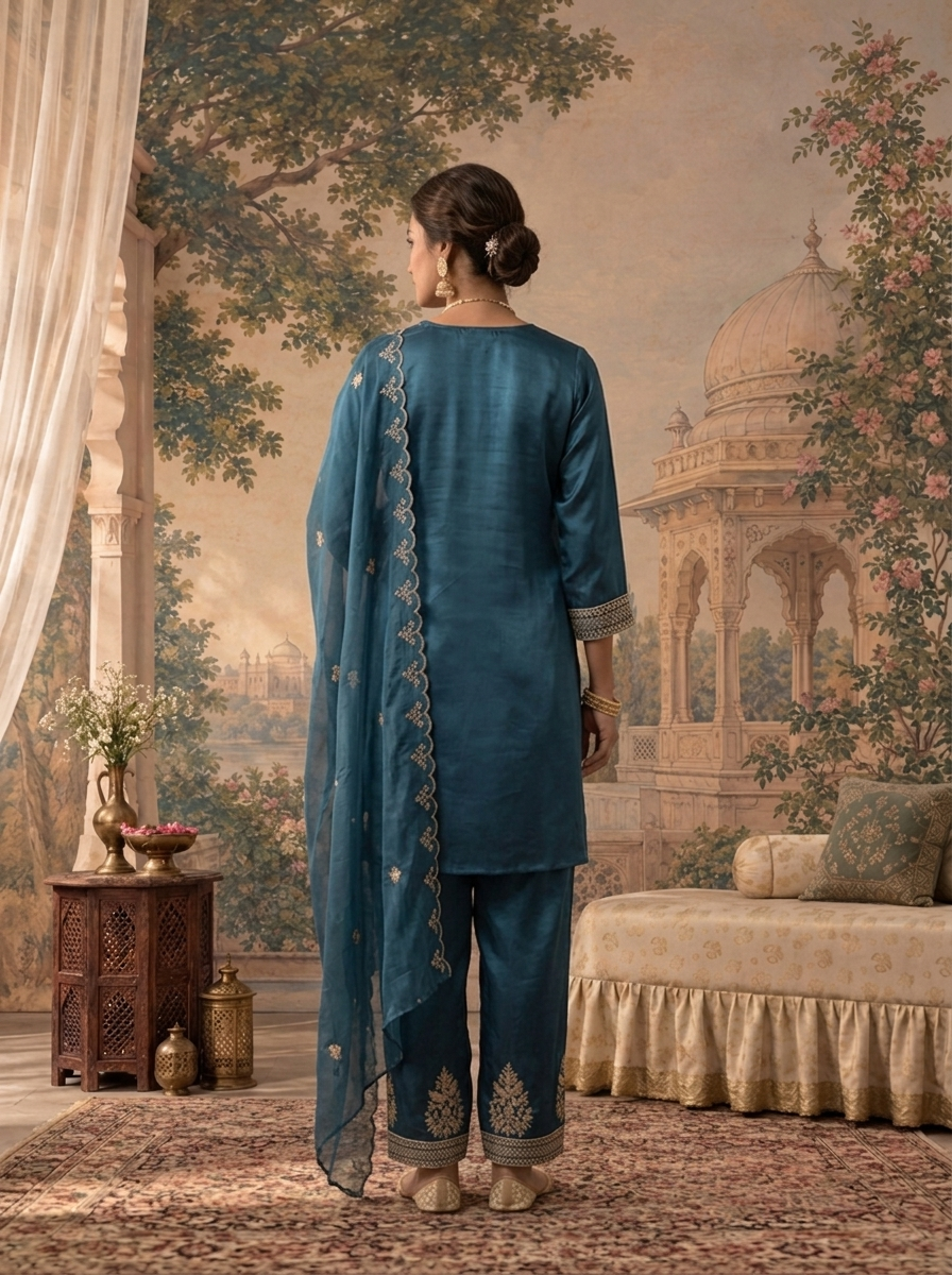 Teal Blue Satin Zari Bird Embroidered Three Piece Set