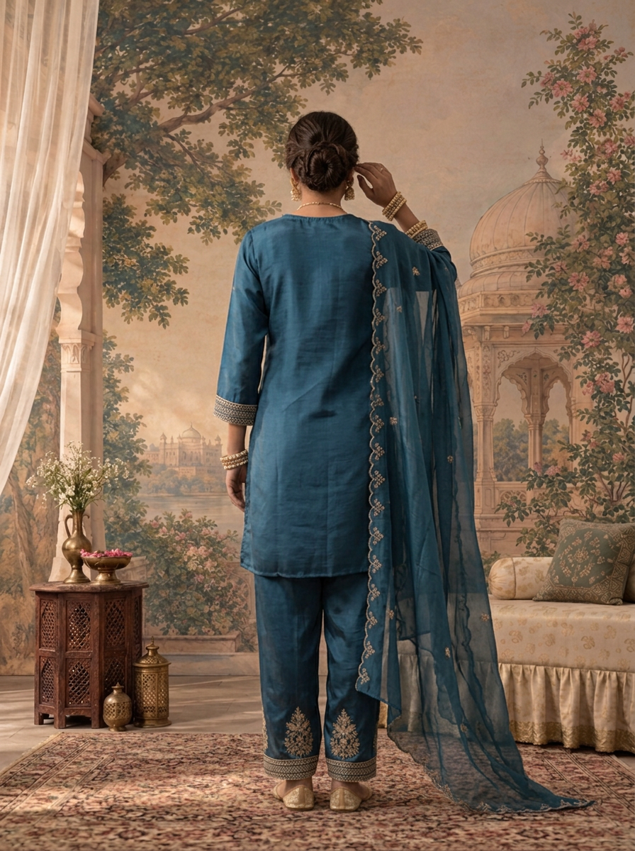 Teal Blue Satin Zari Bird Embroidered Three Piece Set