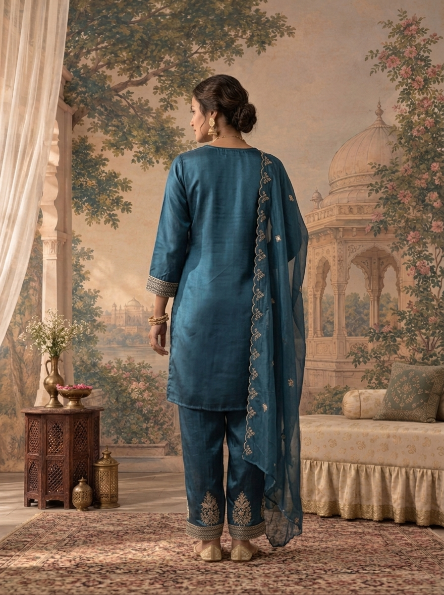 Teal Blue Satin Zari Bird Embroidered Three Piece Set