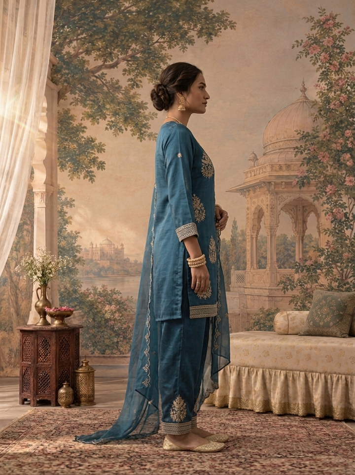Teal Blue Satin Zari Bird Embroidered Three Piece Set