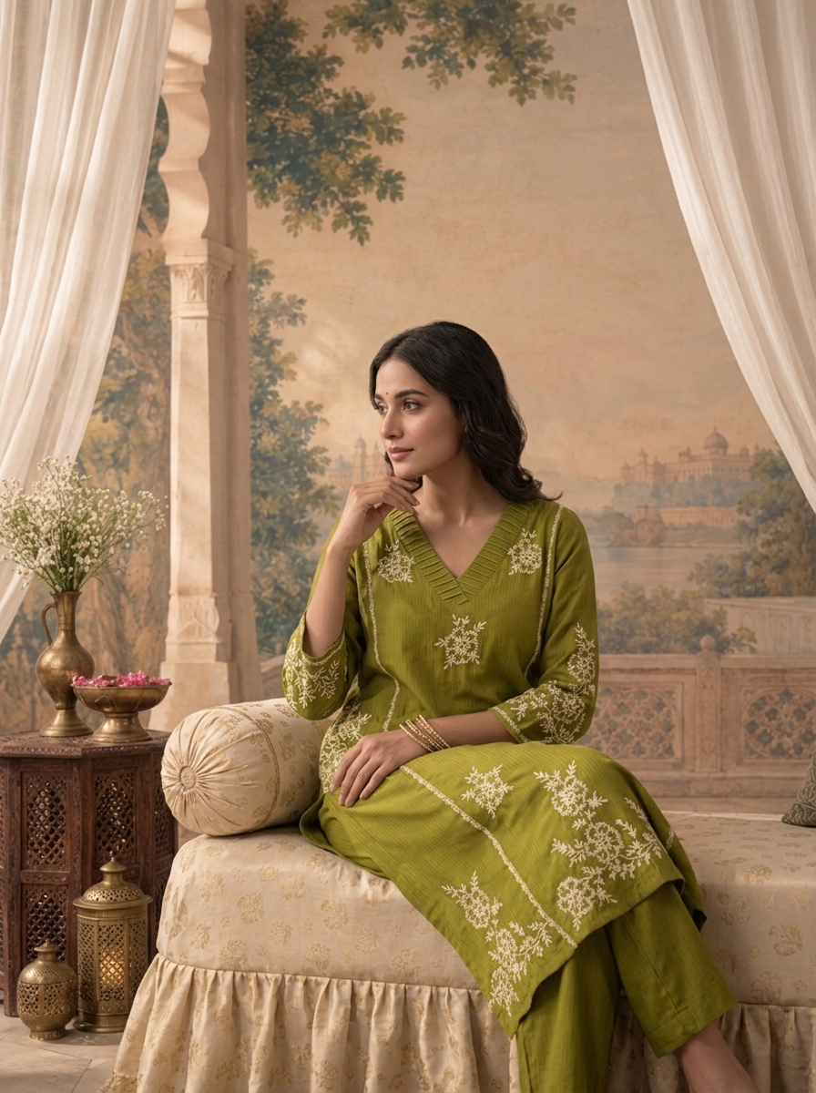 Mehadi Green Rayon Floral Thread Embroidered Two Piece Set