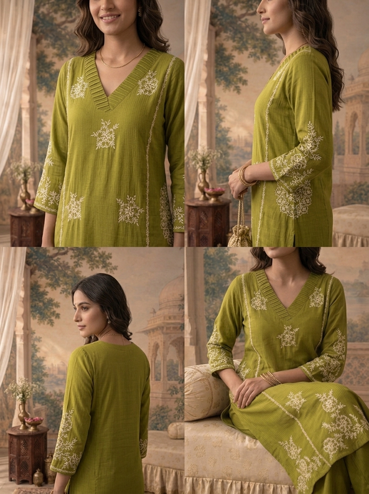 Mehadi Green Rayon Floral Thread Embroidered Two Piece Set