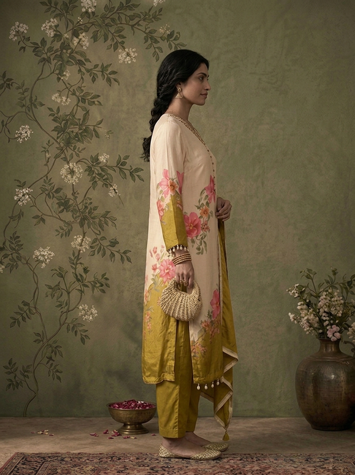 Cream And Mustard Crepe Floral Hand-Painted Printed Three Piece Set