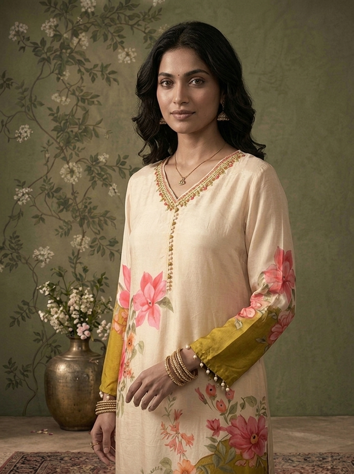 Cream And Mustard Crepe Floral Hand-Painted Printed Three Piece Set