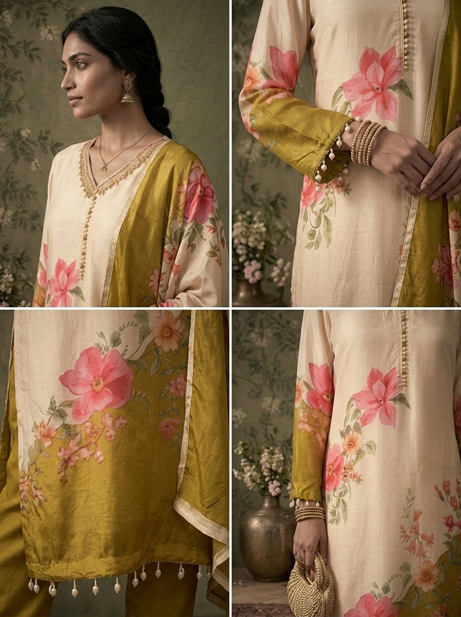 Cream And Mustard Crepe Floral Hand-Painted Printed Three Piece Set