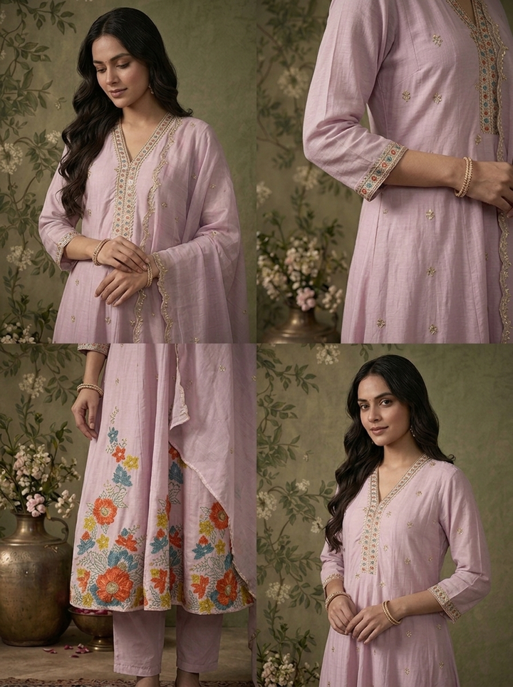 Lilac Cotton Floral Thread Embroidered Three Piece Set