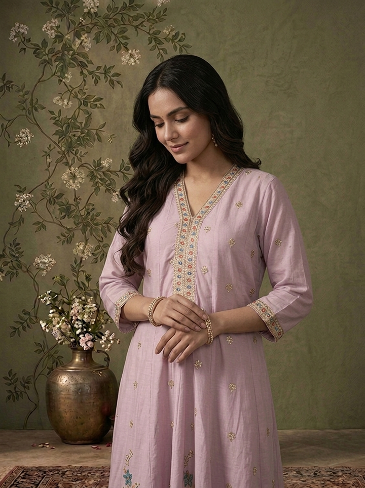 Lilac Cotton Floral Thread Embroidered Three Piece Set