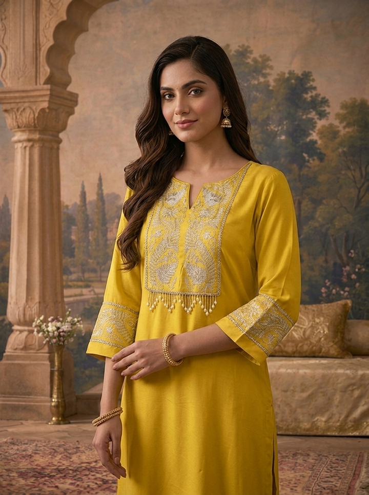 Yellow Rayon Solid With Zari Kashmiri Tilla Embroidered Three Piece Set