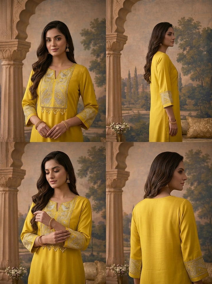 Yellow Rayon Solid With Zari Kashmiri Tilla Embroidered Three Piece Set