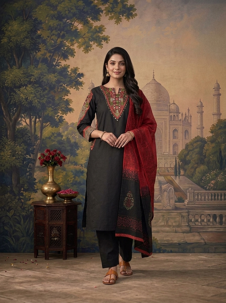 Black Cotton Solid With Ajrakh Foil Mirror Embroidered Three Piece Set