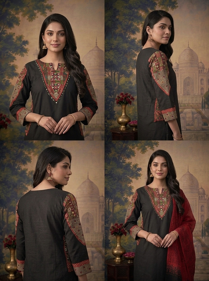 Black Cotton Solid With Ajrakh Foil Mirror Embroidered Three Piece Set