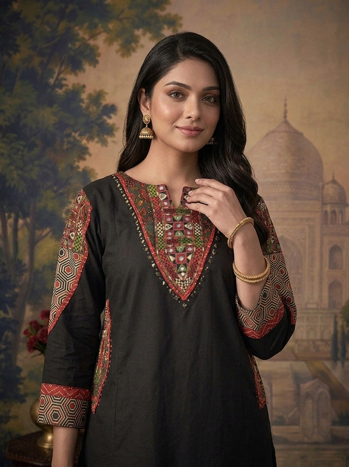 Black Cotton Solid With Ajrakh Foil Mirror Embroidered Three Piece Set