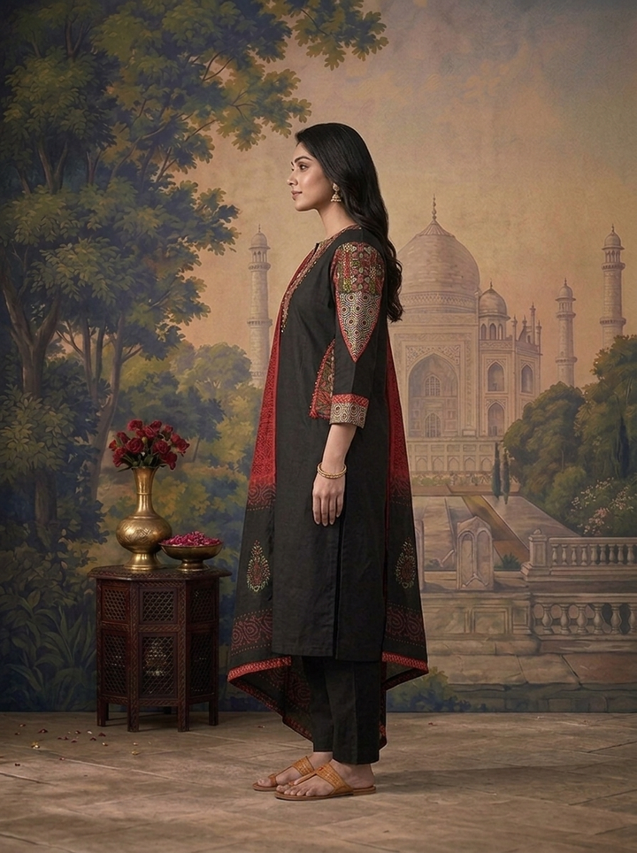 Black Cotton Solid With Ajrakh Foil Mirror Embroidered Three Piece Set