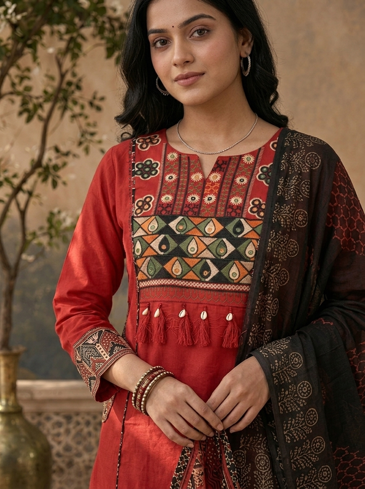 Maroon Cotton Solid With Ajrakh Embroidered Three Piece Set