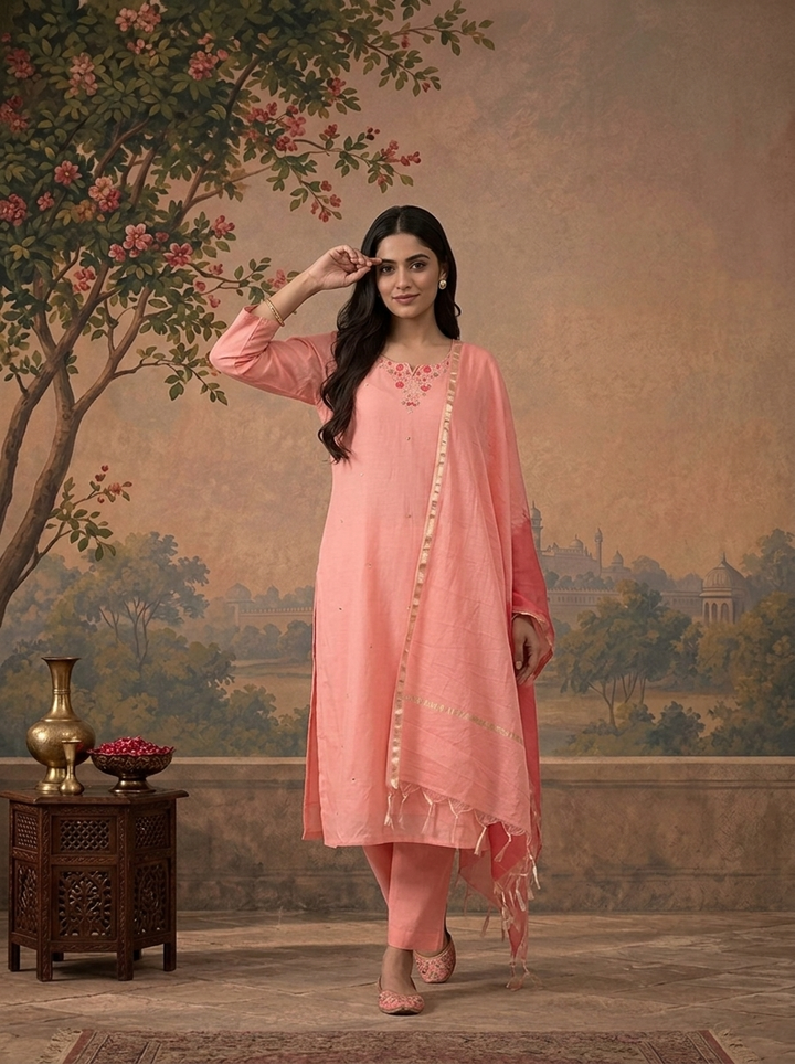 Rose Pink Chanderi Solid With Floral Thread Embroidered Three Piece Set
