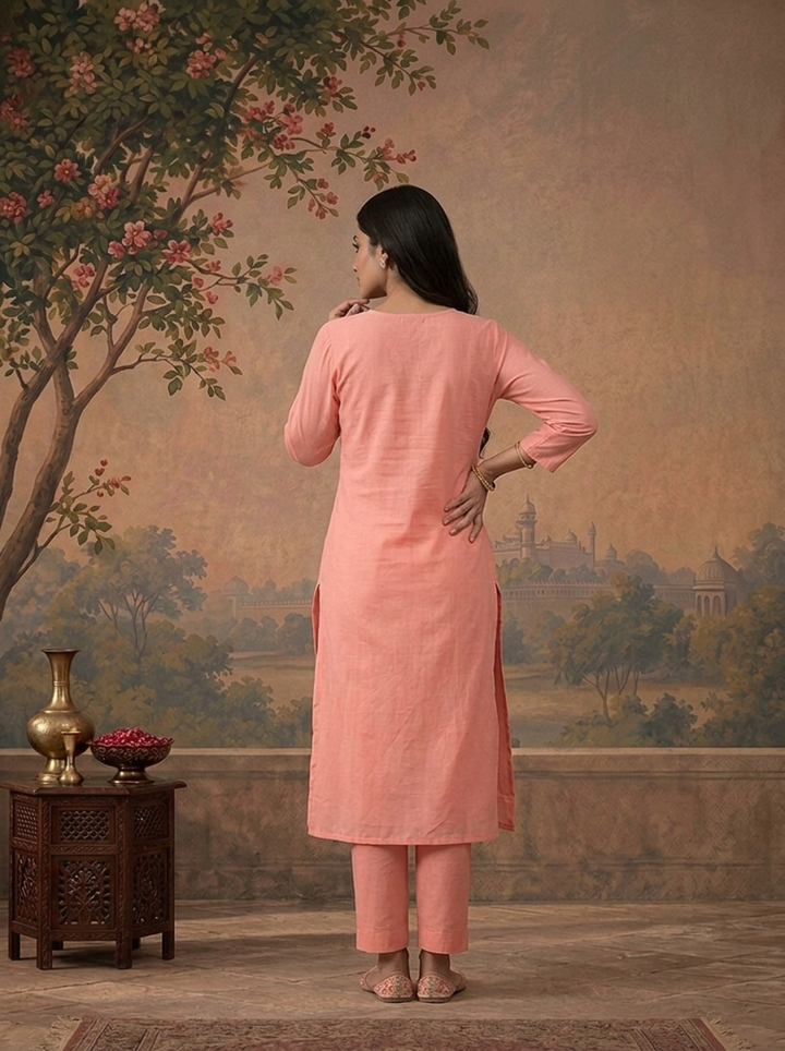Rose Pink Chanderi Solid With Floral Thread Embroidered Three Piece Set