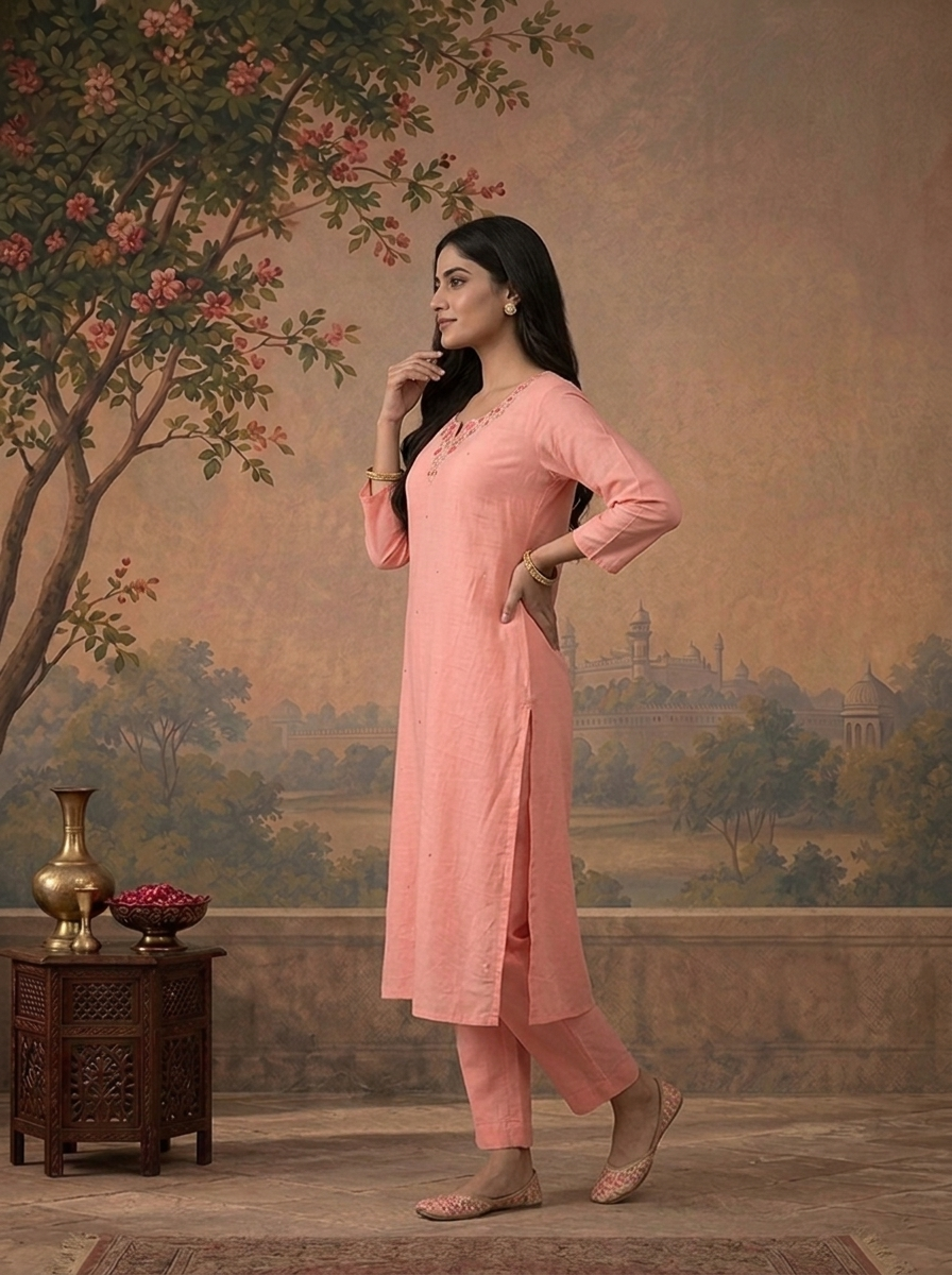 Rose Pink Chanderi Solid With Floral Thread Embroidered Three Piece Set