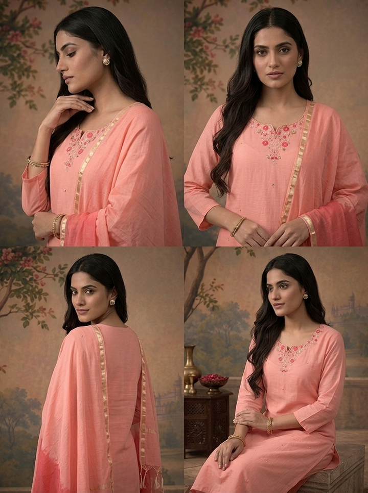 Rose Pink Chanderi Solid With Floral Thread Embroidered Three Piece Set