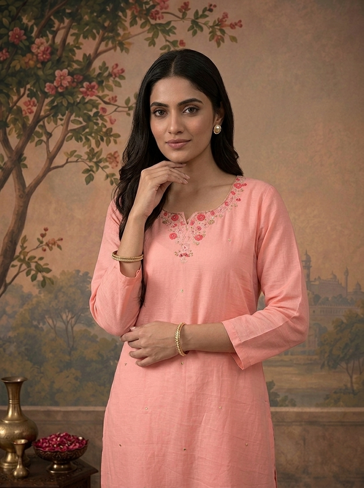 Rose Pink Chanderi Solid With Floral Thread Embroidered Three Piece Set