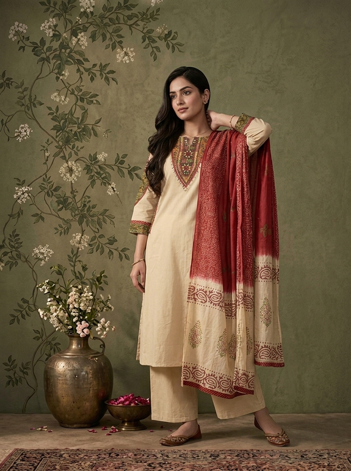 Beige Cotton Solid With Ajrakh Foil Mirror Embroidered Three Piece Set