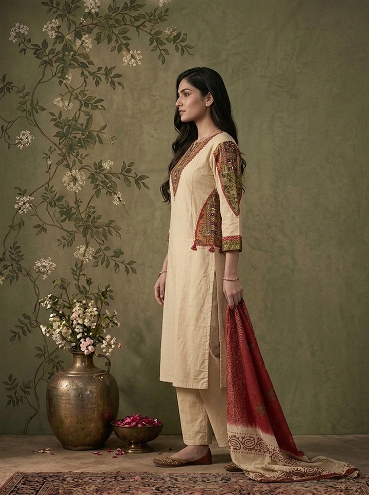 Beige Cotton Solid With Ajrakh Foil Mirror Embroidered Three Piece Set