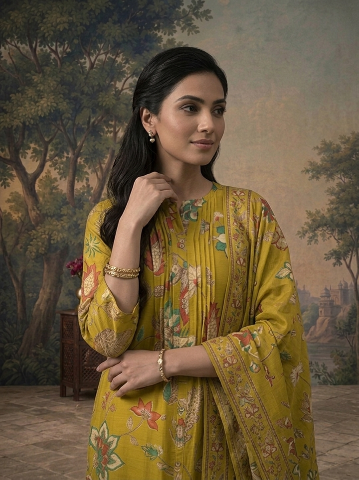 Mehadi Green Modal Floral Printed Three Piece Set